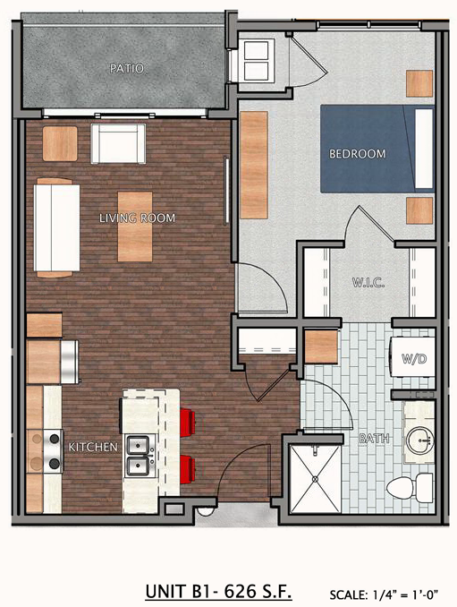 Floor plan for 1 bed, 1 bath, 733 sqft